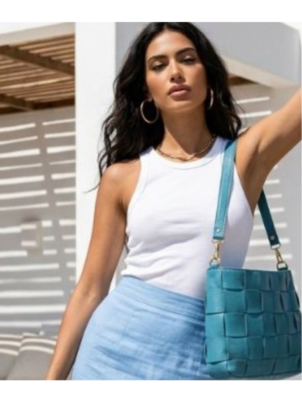 ANNA PAOLA Teal Blue Woven Genuine Leather Shoulder Bag Designer Luxe Purse